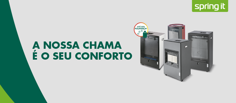 Banner publicitário da Spring It com a frase 'A nossa chama é o seu conforto', exibindo quatro modelos de aquecedores a gás e um selo com 'Até 30% poupança'