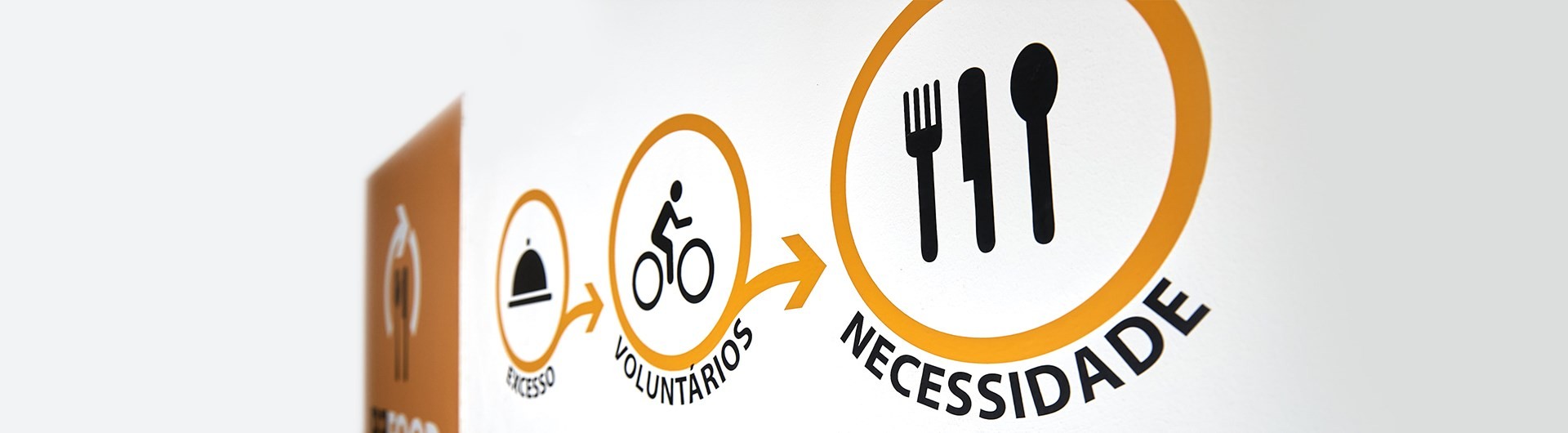 Gráfico de parede da Re-food ilustrando as etapas do processo: Excesso, Voluntários e Necessidade.