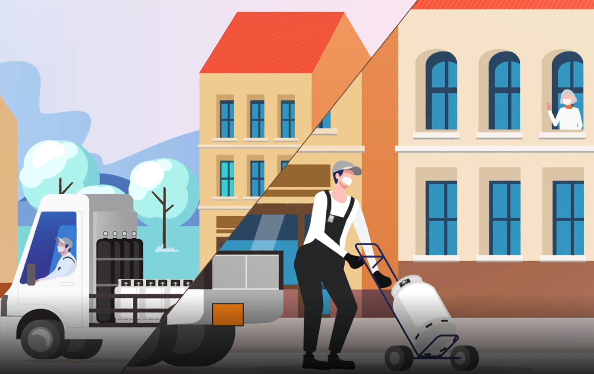 Ilustração de um distribuidor a transportar uma garrafa de gás num carrinho junto a edifícios e à carrinha de entregas.