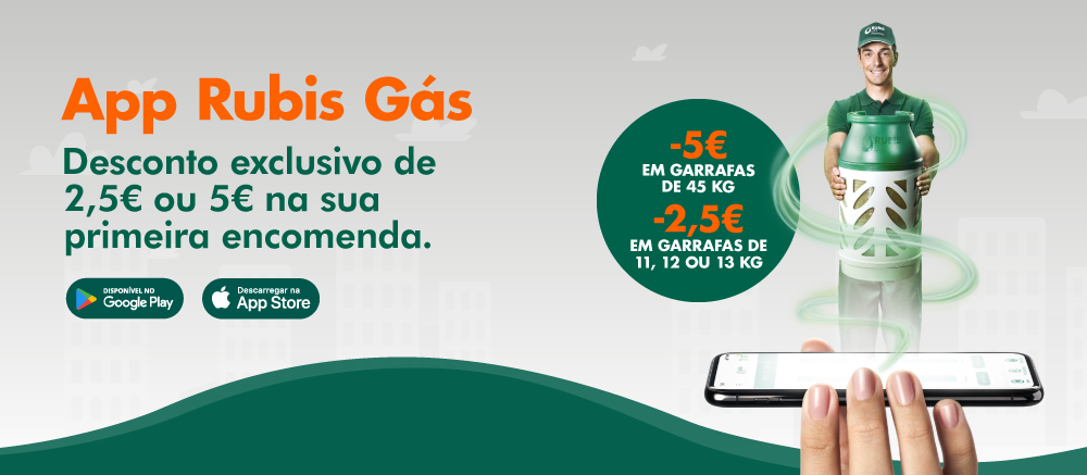 Promocional da App Rubis Gás com desconto de até 5€ na primeira encomenda.