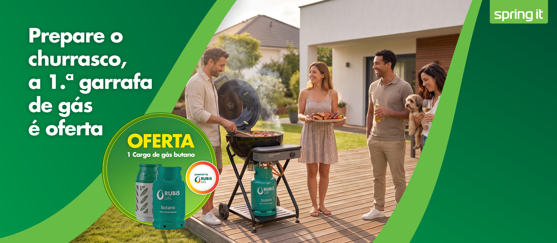 Promocional Rubis Gás com oferta da 1.ª garrafa de gás na compra de barbecue.