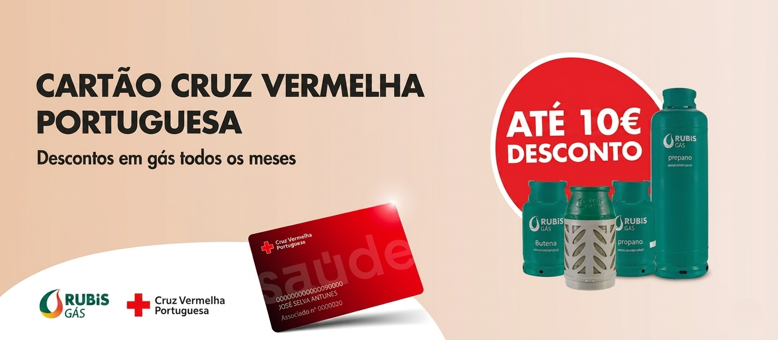 Promocional Rubis Gás para o Cartão Cruz Vermelha Portuguesa com desconto até 10€ em garrafas de gás.