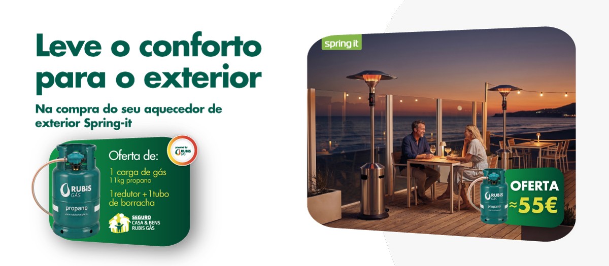 Promocional Spring-it com oferta de kit de gás Rubis de 55€ na compra de aquecedor de exterior.